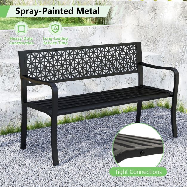 127CM Garden Bench with Patterned Backrest and Curved Armrests2-3-Person Patio Bench-Black