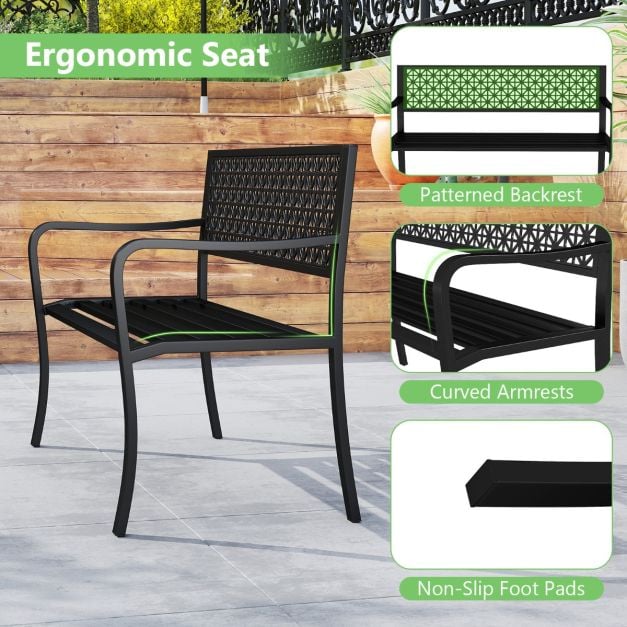 127CM Garden Bench with Patterned Backrest and Curved Armrests2-3-Person Patio Bench-Black