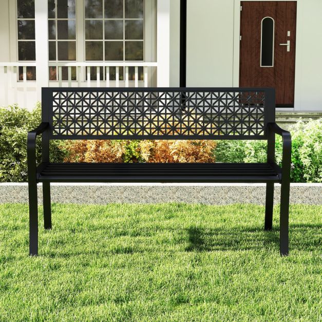 127CM Garden Bench with Patterned Backrest and Curved Armrests2-3-Person Patio Bench-Black
