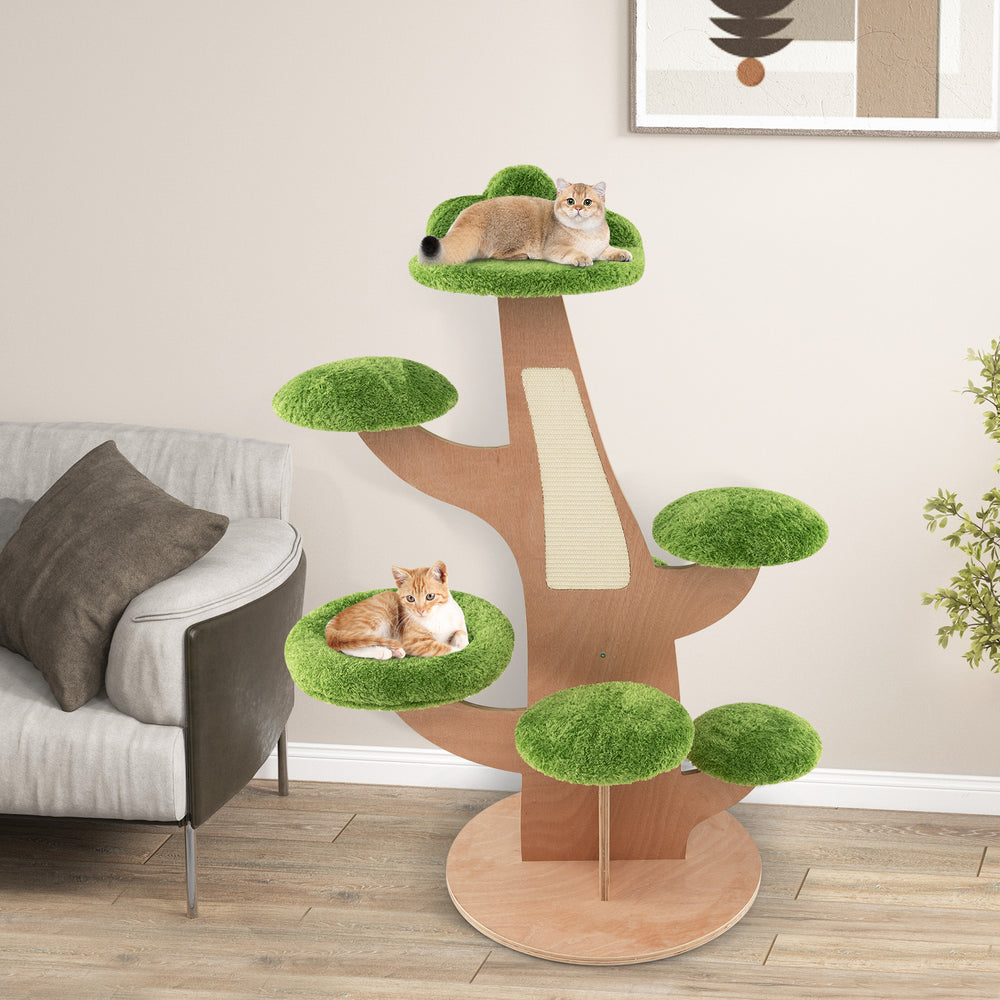 128 cm Pine Shape Cat Tree Cute Multi-level Cat Tower with Sisal Scratching Board-Green - TidySpaces
