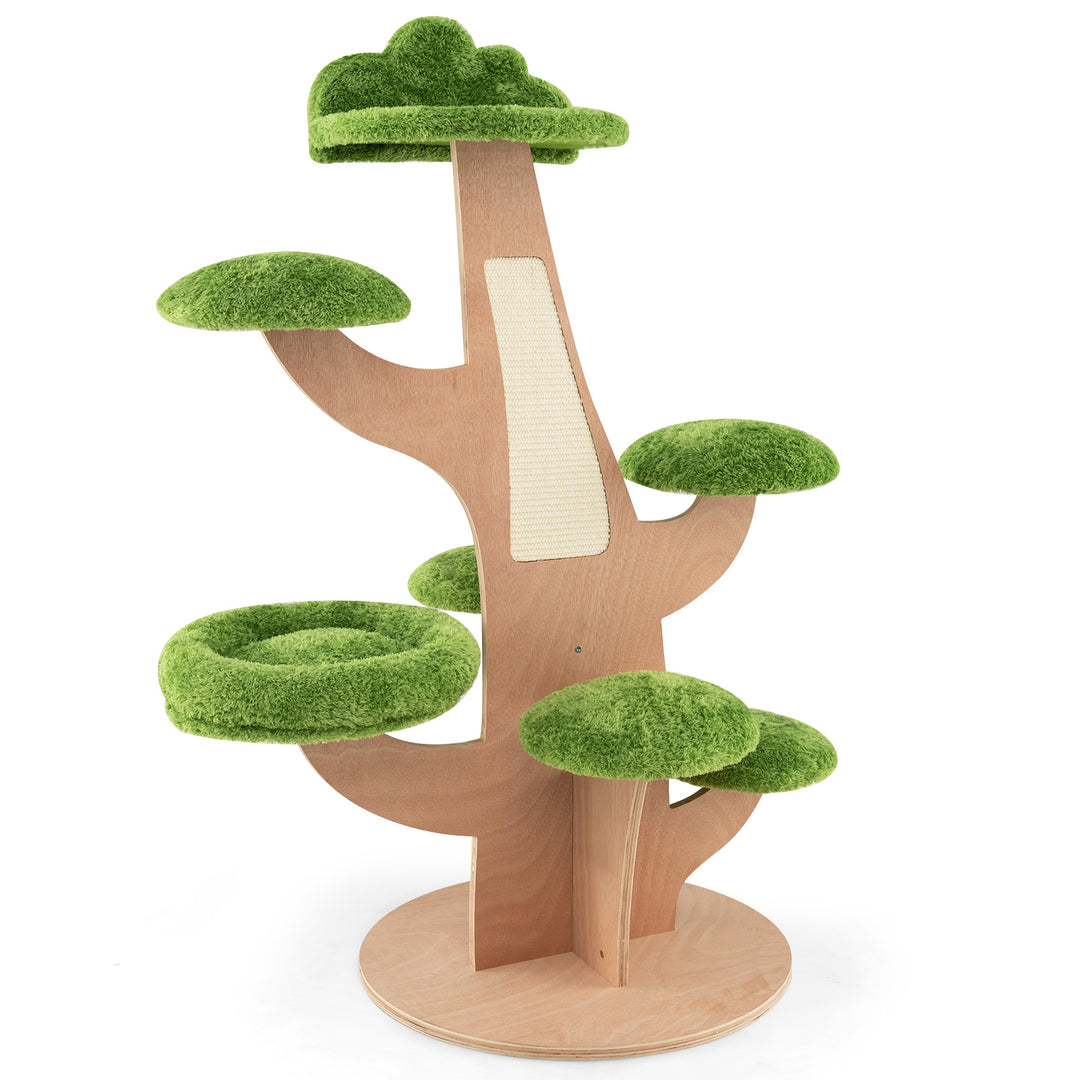 128 cm Pine Shape Cat Tree Cute Multi-level Cat Tower with Sisal Scratching Board-Green - TidySpaces
