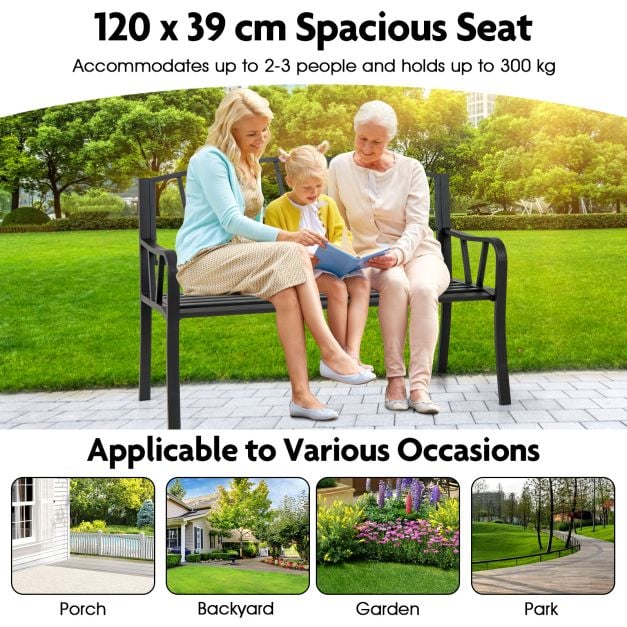 129CM Metal Garden Bench Patio Slatted Bench for 2-3 People-Black