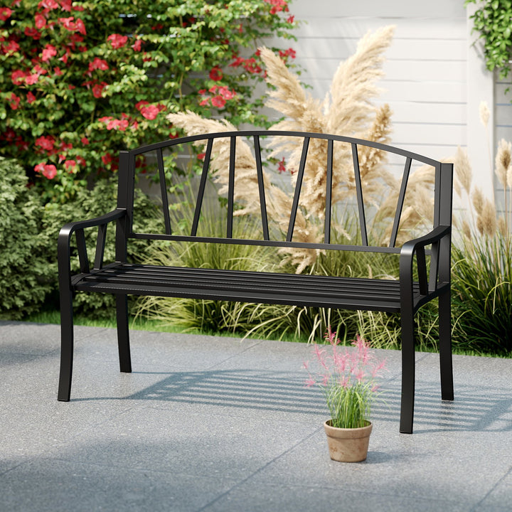 129CM Metal Garden Bench Patio Slatted Bench for 2-3 People-Black