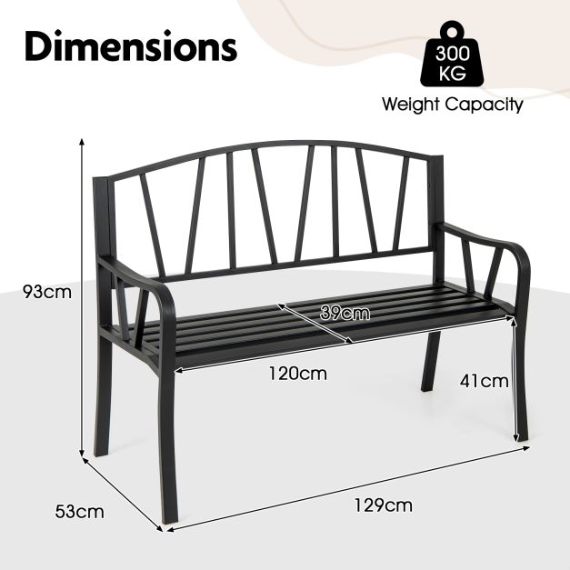 129CM Metal Garden Bench Patio Slatted Bench for 2-3 People-Black