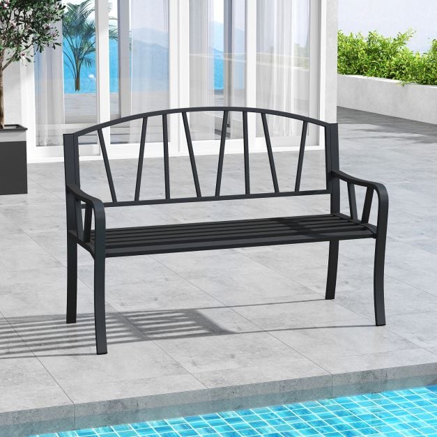 129CM Metal Garden Bench Patio Slatted Bench for 2-3 People-Black