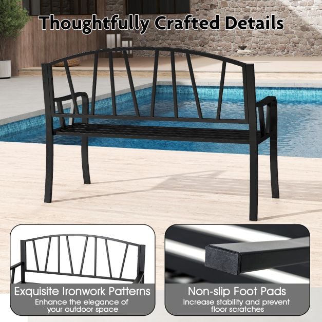 129CM Metal Garden Bench Patio Slatted Bench for 2-3 People-Black