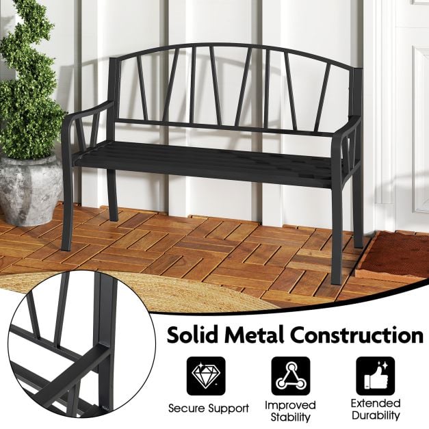 129CM Metal Garden Bench Patio Slatted Bench for 2-3 People-Black