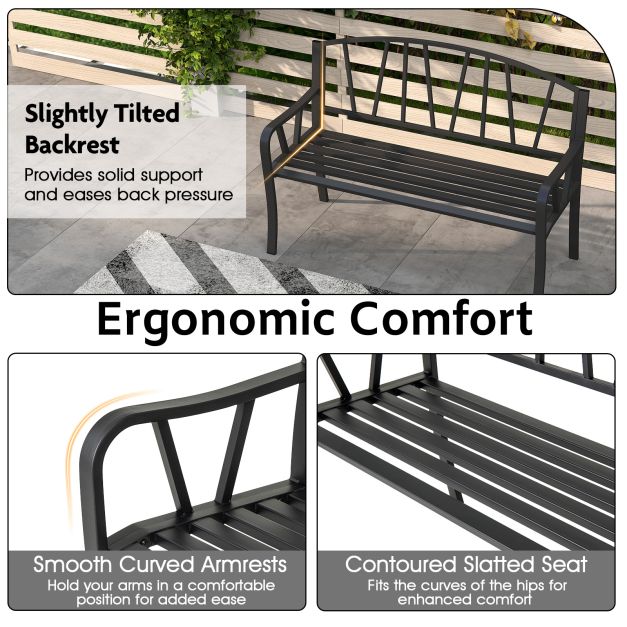 129CM Metal Garden Bench Patio Slatted Bench for 2-3 People-Black