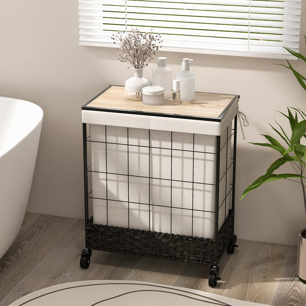 130L Handwoven Rattan Laundry Hamper with Lid and Lockable Wheels-Black - TidySpaces