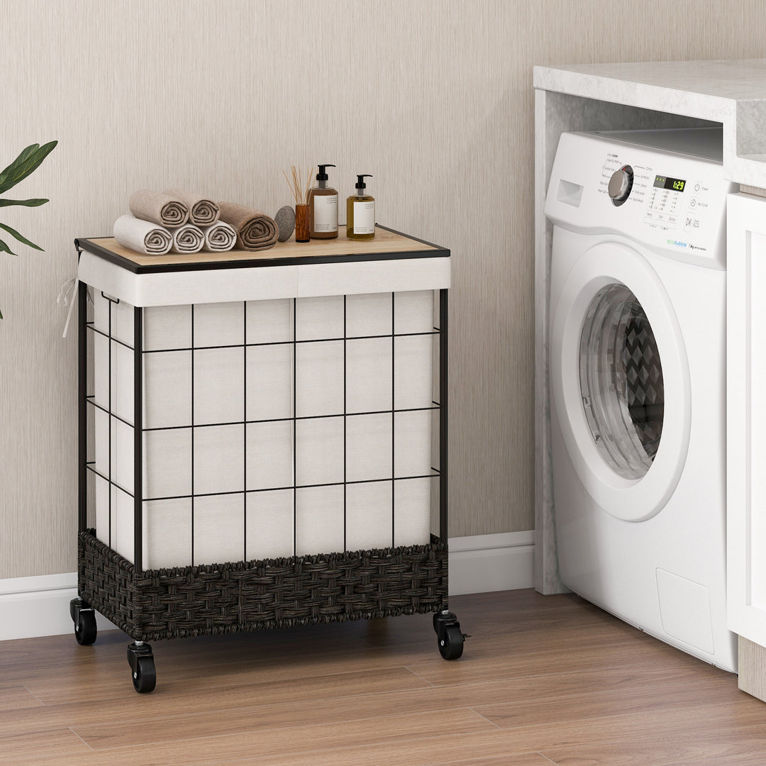 130L Handwoven Rattan Laundry Hamper with Lid and Lockable Wheels-Black - TidySpaces