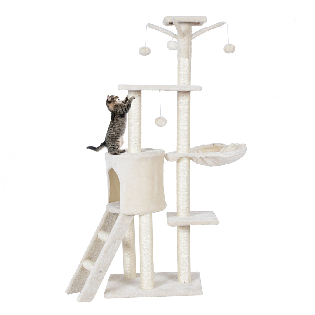140cm Cat Tree Climbing Tower with Scratching Sisal Posts-Beige - TidySpaces