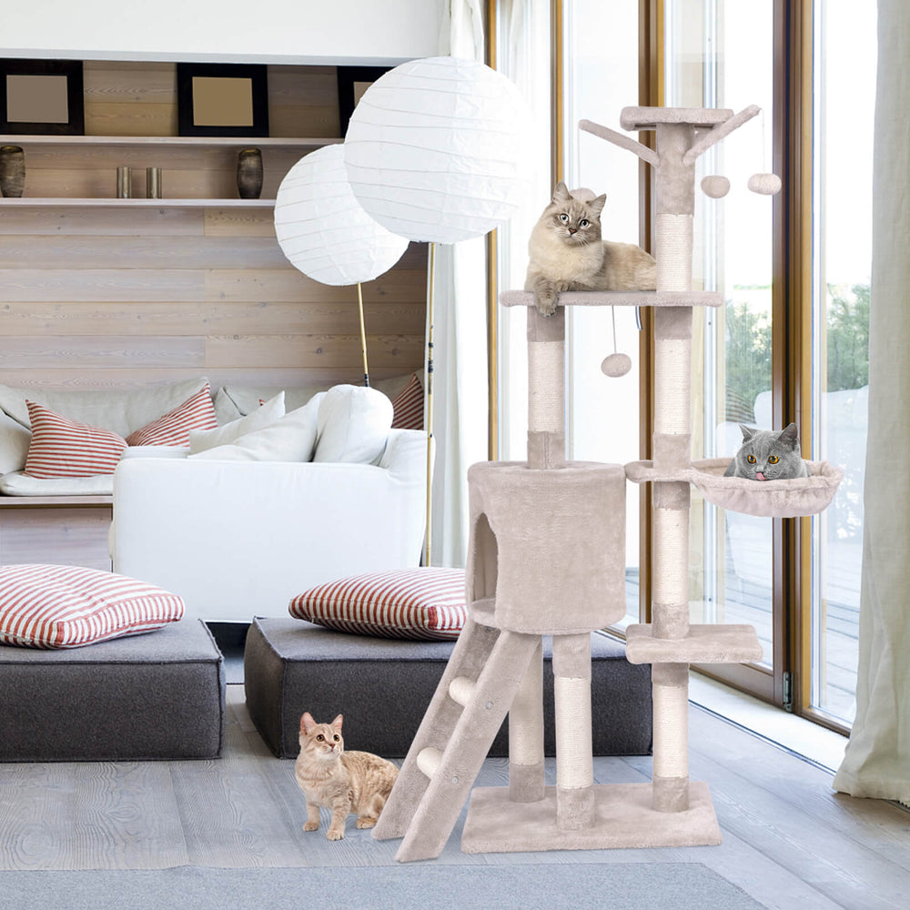 140cm Cat Tree Climbing Tower with Scratching Sisal Posts-Beige - TidySpaces