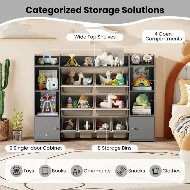 142 cm Large Toy Storage Organizer with 8 Removable Bins and Bookshelf - TidySpaces