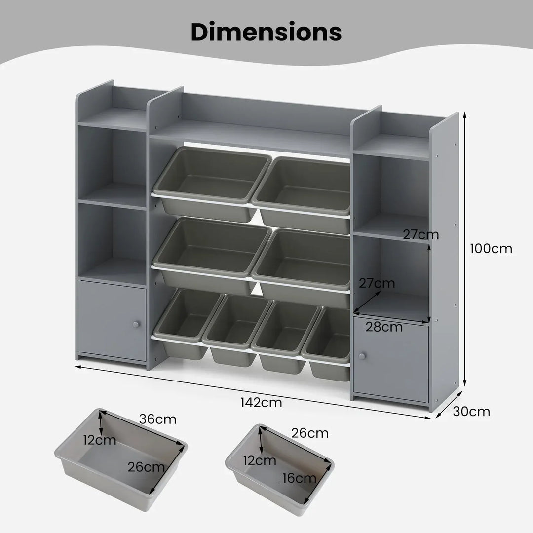 142 cm Large Toy Storage Organizer with 8 Removable Bins and Bookshelf - TidySpaces