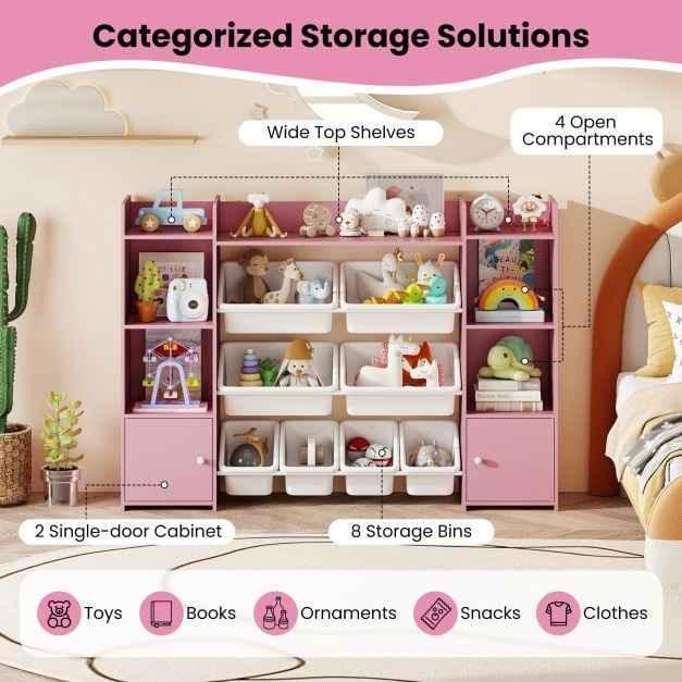142 cm Large Toy Storage Organizer with 8 Removable Bins and Bookshelf
