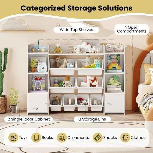 142 cm Large Toy Storage Organizer with 8 Removable Bins and Bookshelf