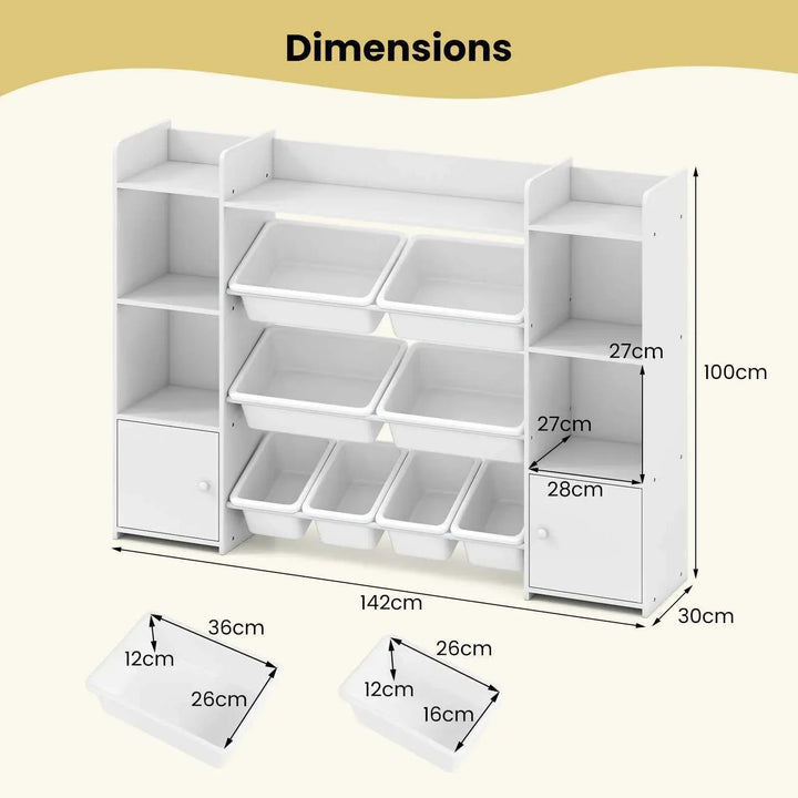 142 cm Large Toy Storage Organizer with 8 Removable Bins and Bookshelf