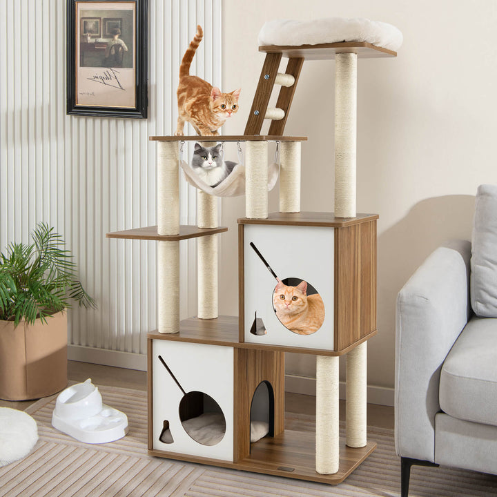 145cm Cat Tree Tower Multi-Level with Scratching Posts and 2 Condos-Natural