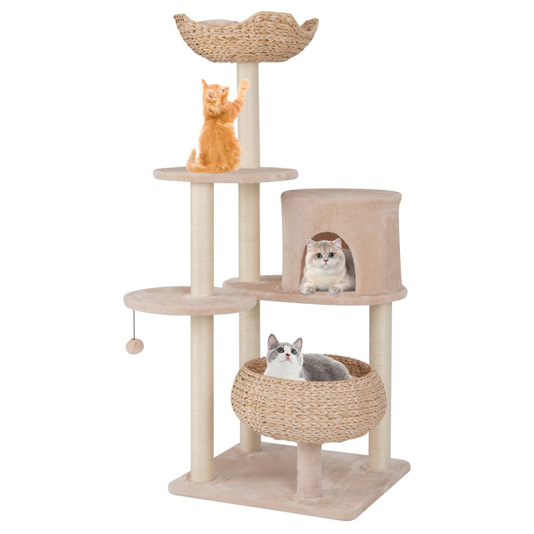 146 cm Cat Tree with Sisal Scratching Posts and Perch-Beige - TidySpaces