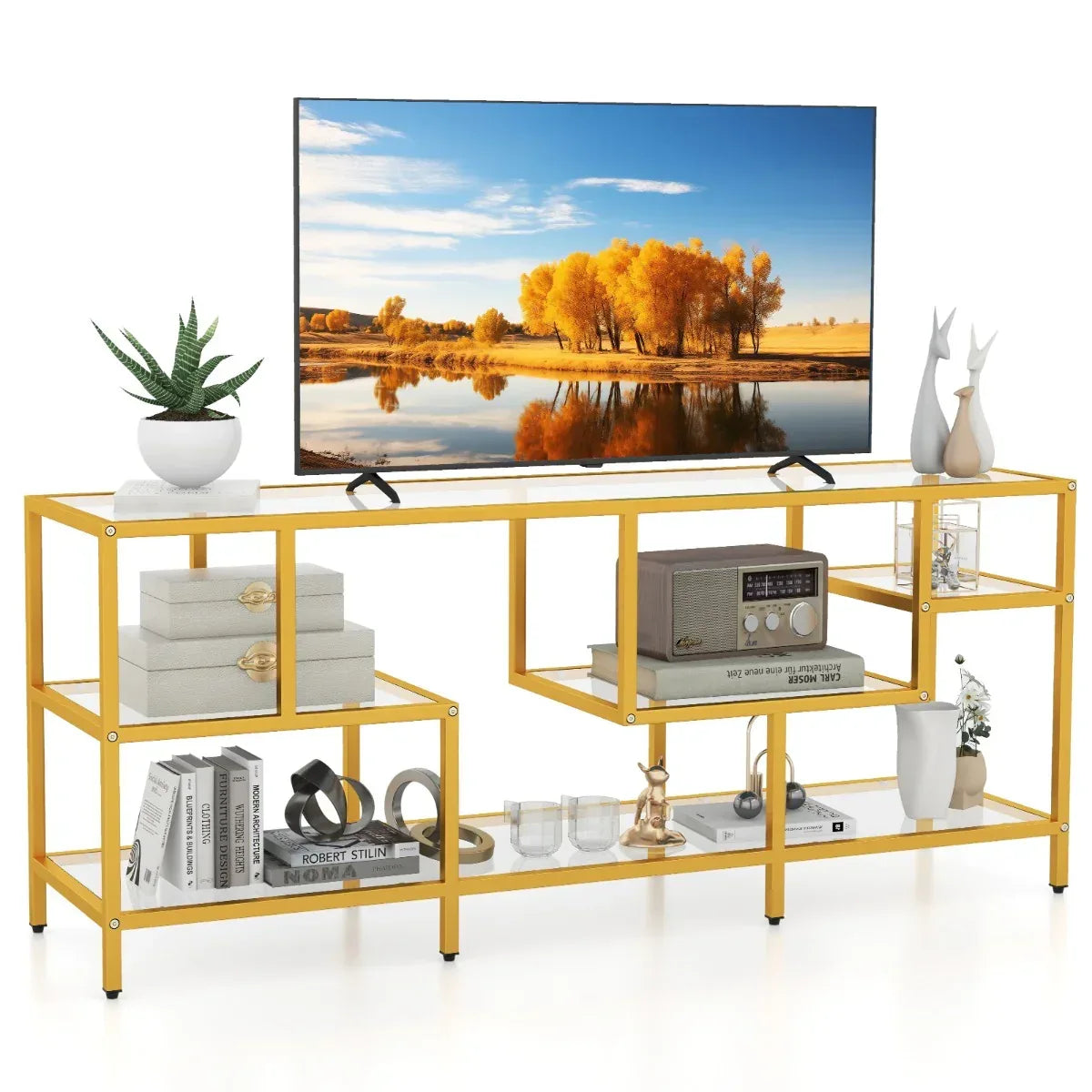 147cm TV Console Table with Tempered Glass Shelves-Golden – TidySpaces