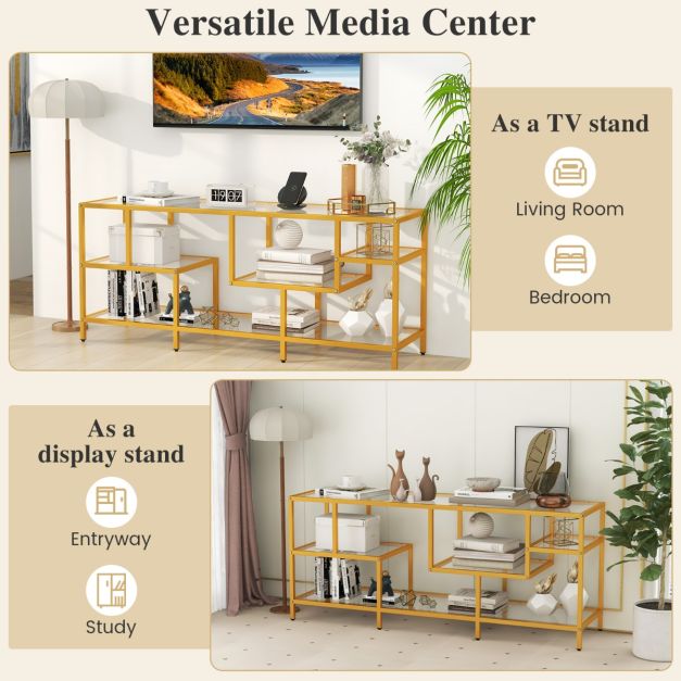 147cm TV Console Table with Tempered Glass Shelves-Golden