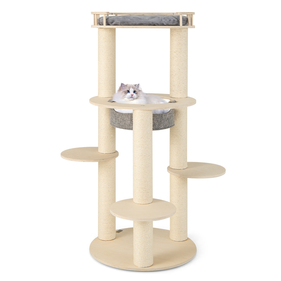 150CM Wooden Multi-Level Cat Tree with Top Perch and Hammock-Grey