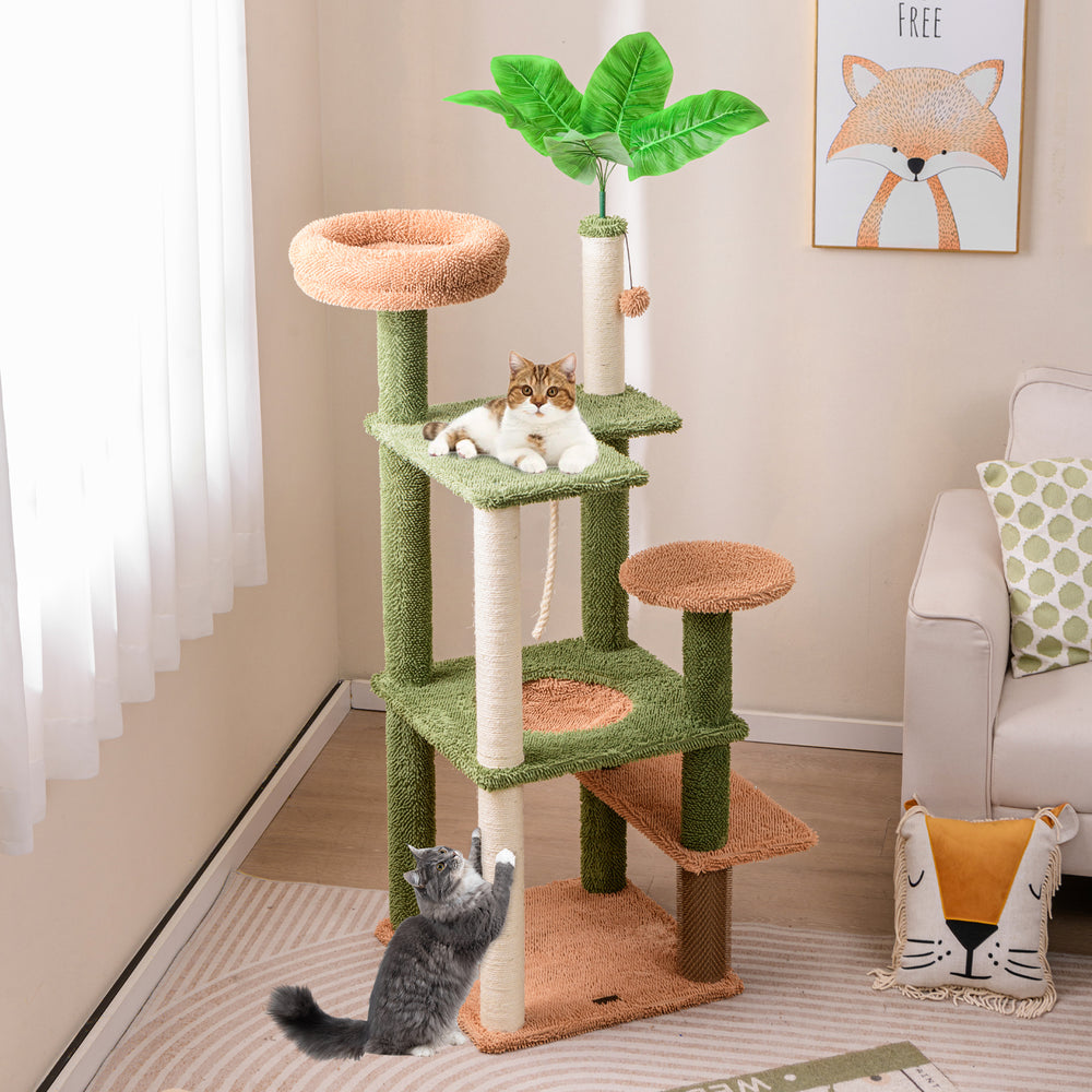 152cm Cute Cat Tree with Sisal Scratching Posts and Rope, Plush Perch-Green - TidySpaces