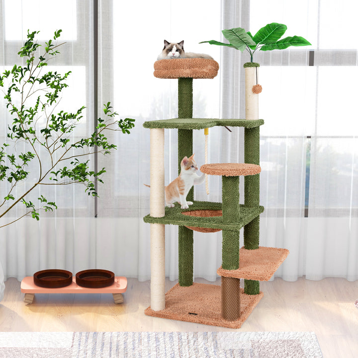 152cm Cute Cat Tree with Sisal Scratching Posts and Rope, Plush Perch-Green - TidySpaces
