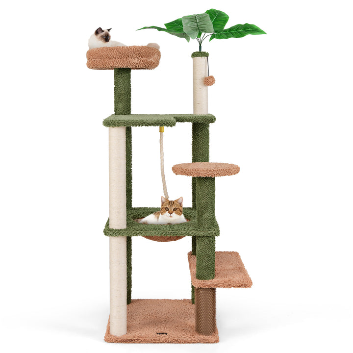 152cm Cute Cat Tree with Sisal Scratching Posts and Rope, Plush Perch-Green - TidySpaces