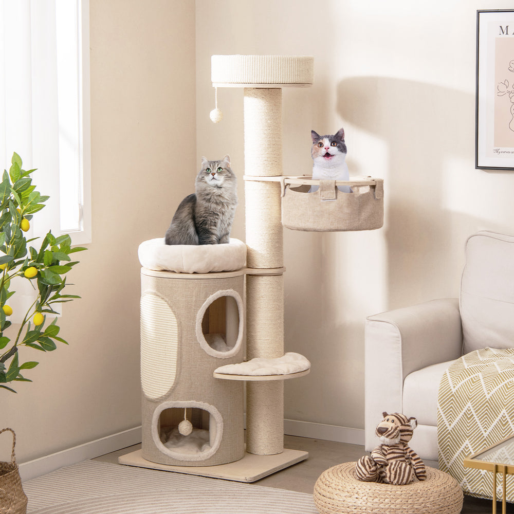 154CM Multi-level Cat Tree with 2-stoery Condo and Top Perch-Natural - TidySpaces