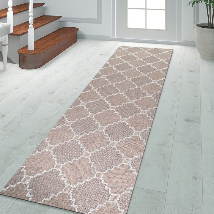 Cotton Rug Runner Trellis Brown Beige Taupe