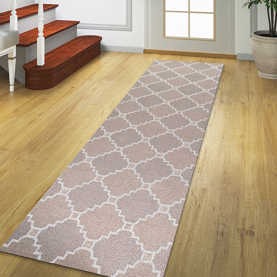 Cotton Rug Runner Trellis Brown Beige Taupe