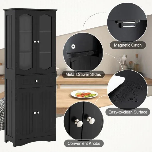 160cm Freestanding Linen Tall Bathroom Storage Cabinet with 2 Glass Doors - TidySpaces