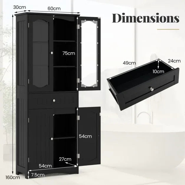 160cm Freestanding Linen Tall Bathroom Storage Cabinet with 2 Glass Doors - TidySpaces