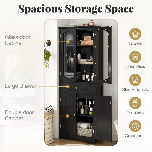 160cm Freestanding Linen Tall Bathroom Storage Cabinet with 2 Glass Doors - TidySpaces