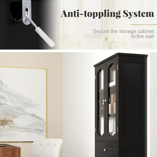 160cm Freestanding Linen Tall Bathroom Storage Cabinet with 2 Glass Doors - TidySpaces