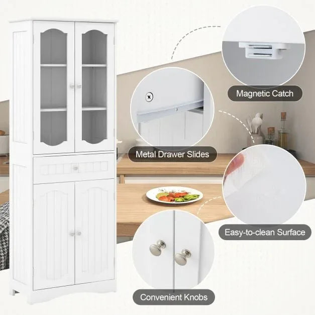 160cm Freestanding Linen Tall Bathroom Storage Cabinet with 2 Glass Doors - TidySpaces