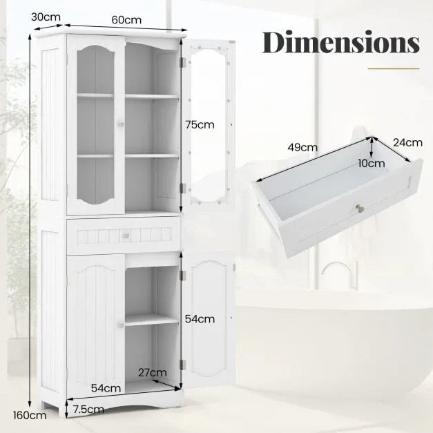 160cm Freestanding Linen Tall Bathroom Storage Cabinet with 2 Glass Doors - TidySpaces