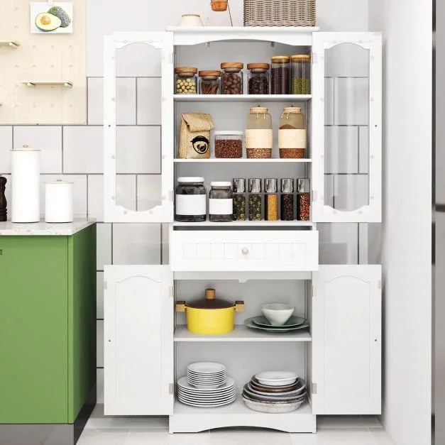 160cm Freestanding Linen Tall Bathroom Storage Cabinet with 2 Glass Doors - TidySpaces