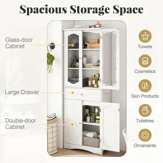160cm Freestanding Linen Tall Bathroom Storage Cabinet with 2 Glass Doors - TidySpaces