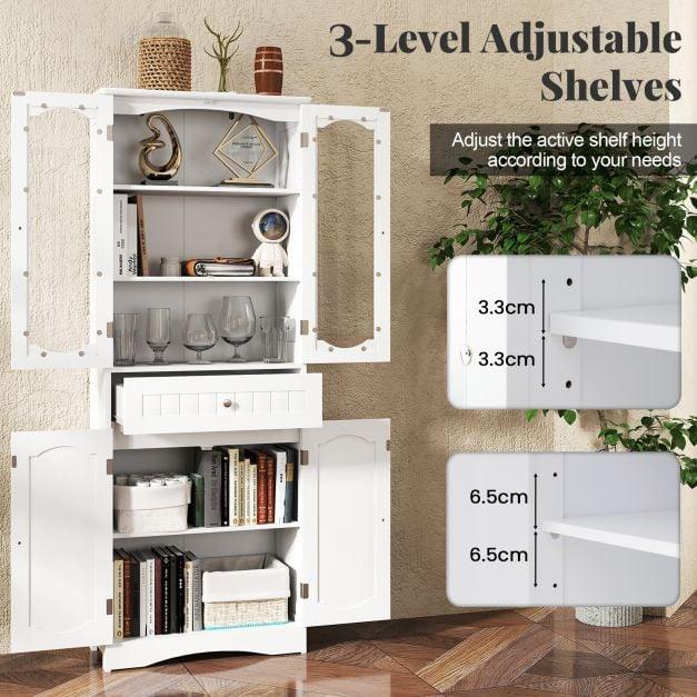 160cm Freestanding Linen Tall Bathroom Storage Cabinet with 2 Glass Doors - TidySpaces