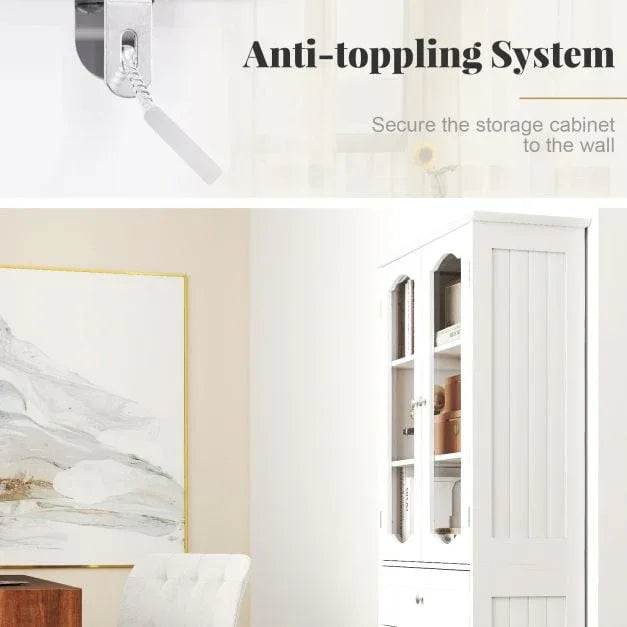 160cm Freestanding Linen Tall Bathroom Storage Cabinet with 2 Glass Doors - TidySpaces