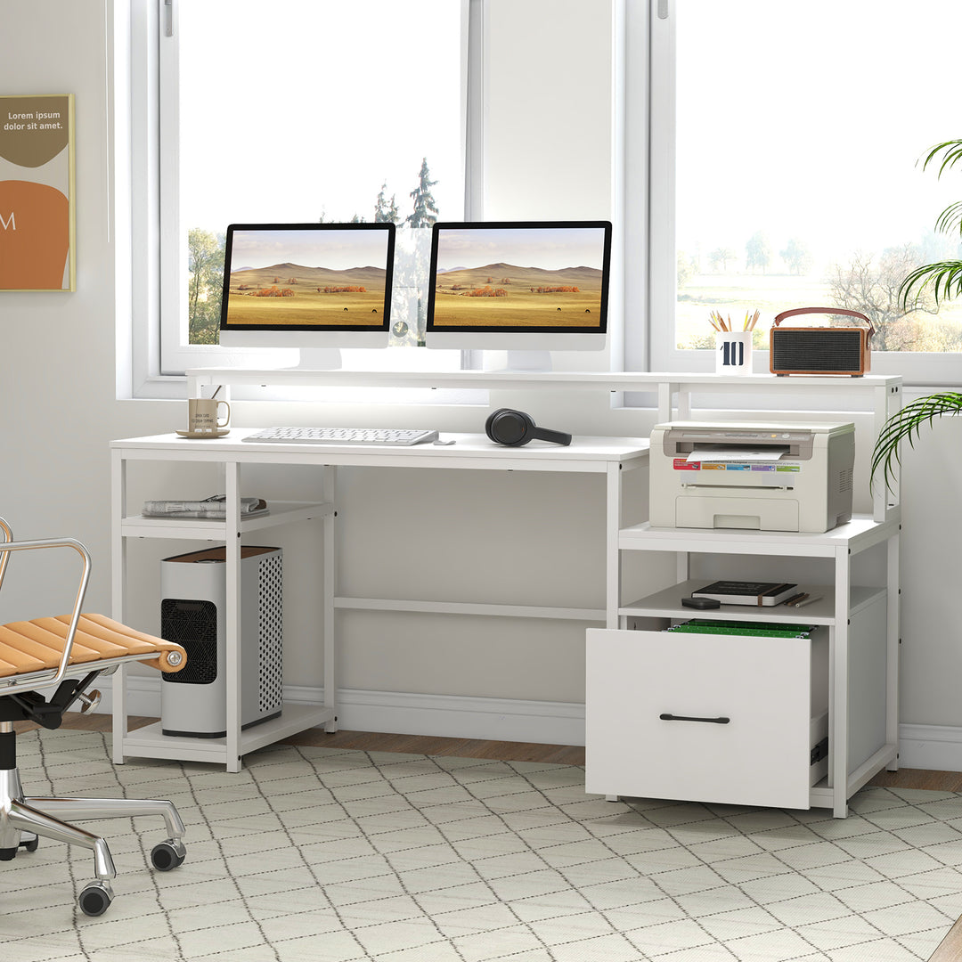 168 CM Home Office Computer Desk Modern Writing Desk with Monitor Stand White - TidySpaces