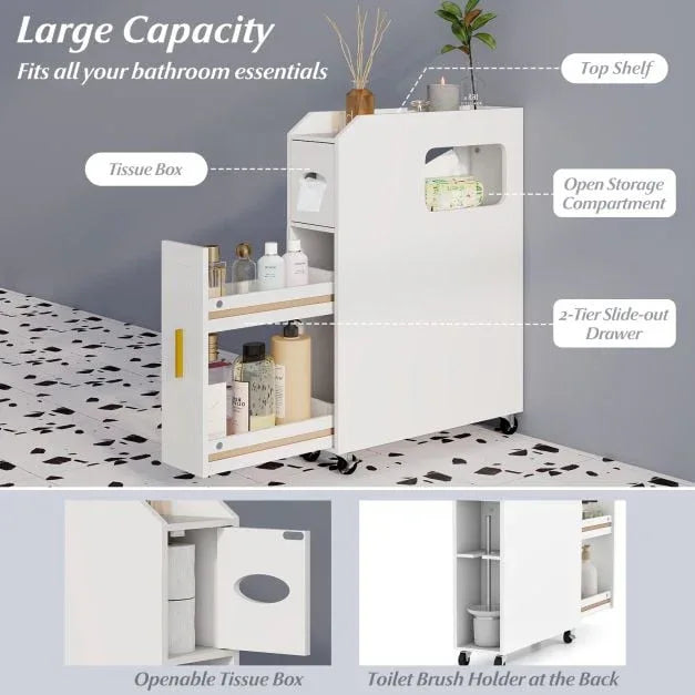 16 CM Small Bathroom Storage Cabinet with Slide Out Drawer-White - TidySpaces
