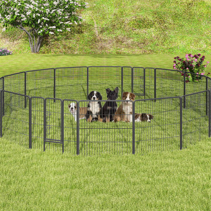 16 Panel 80cm Height Pen Fence with Lock and Large Door-Black