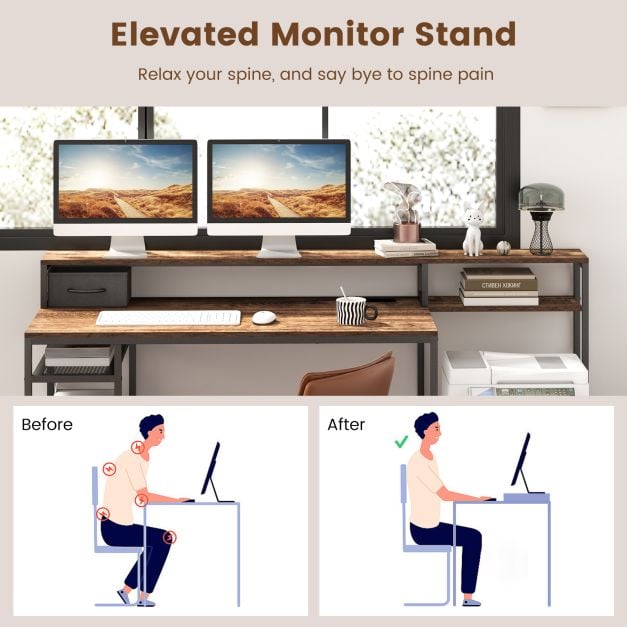 170 CM Computer Desk with Monitor Stand and File Drawer Rustic - TidySpaces