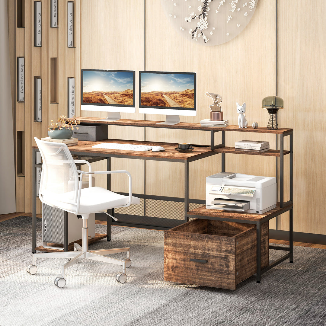170 CM Computer Desk with Monitor Stand and File Drawer Rustic - TidySpaces