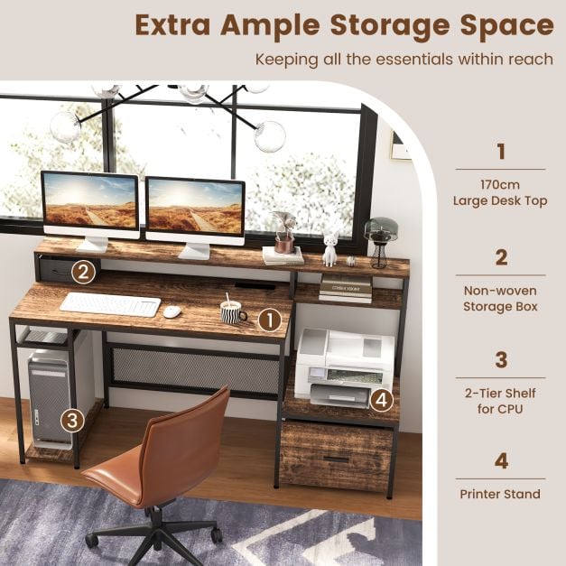 170 CM Computer Desk with Monitor Stand and File Drawer Rustic - TidySpaces