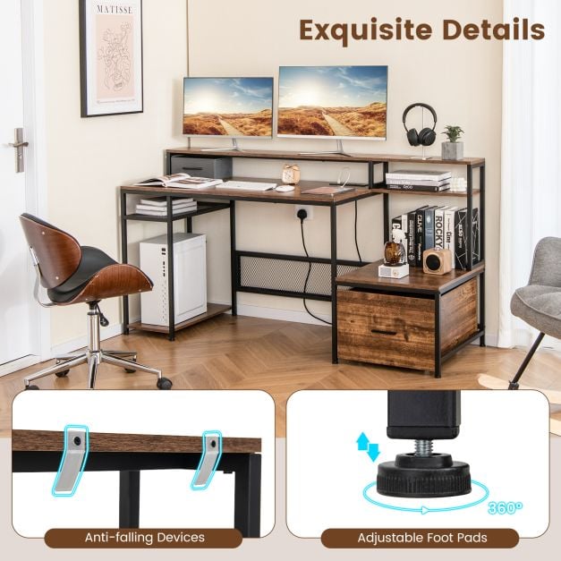 170 CM Computer Desk with Monitor Stand and File Drawer Rustic - TidySpaces