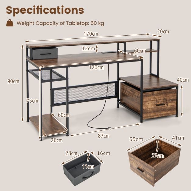 170 CM Computer Desk with Monitor Stand and File Drawer Rustic - TidySpaces